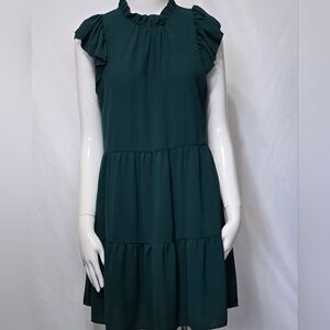 Entro Hunter Green Ruffled Mock Neck Tiered Mini Dress - Size Small